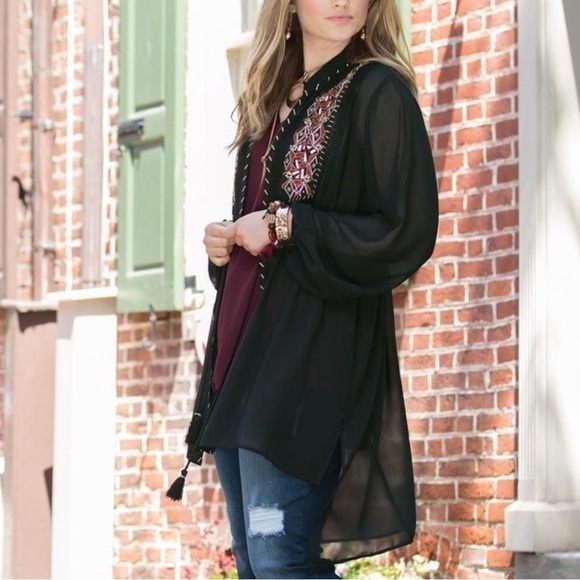 Cato | Black Embroidered Bead Adjustable Tassel Waist Kimono Sheer Tunic Top XS - Picture 3 of 17
